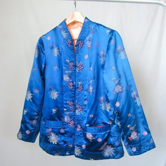 Stunning Vintage Satin Silk Jacket Reversible Satin Floral Jacquard/Small Medium